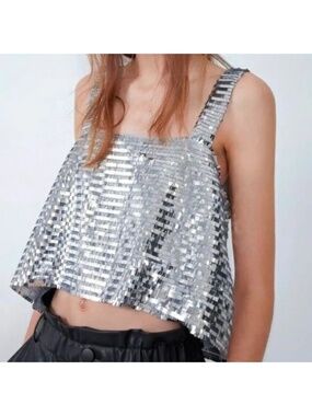 Zara Silver Disco Crop Tank Top L